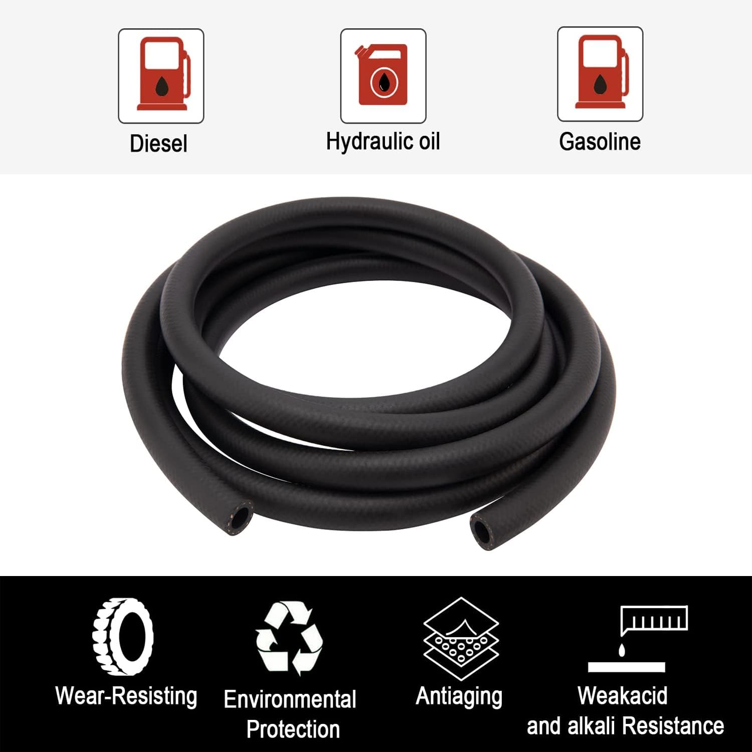 Fuel Line 10 Feet 1/2 Inch ID NBR Fuel Line Hose 0.78 Inch OD Black Nylon Steel Oil Gas Fuel Line Hose with 10 Clamps Suitable for Fuel Systems Engines (1/2in 10Ft) : Automotive