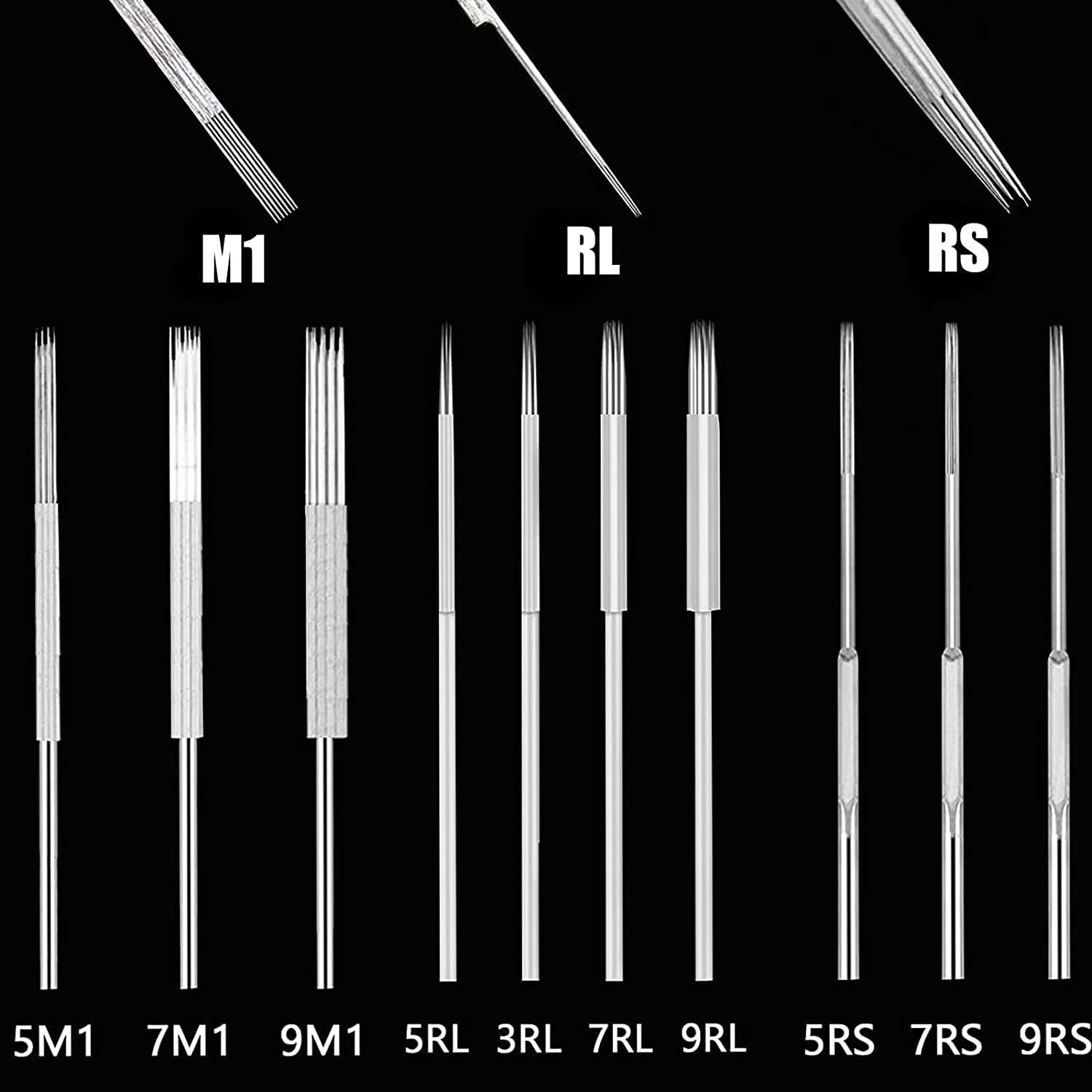 100pcs Professional Mixed Size Tattoo Needles 3RL 5RL 7RL 9RL 5RS 7RS 9RS 5M1 7M1 9M1 (Mixed-100pcs)