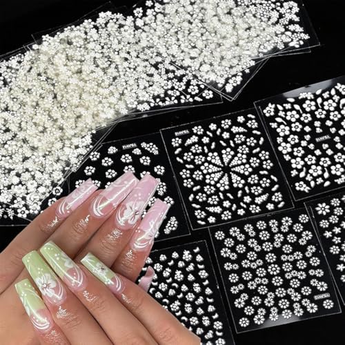 Image of MAYCREATE 30 Sheets White Flower Nail Stickers Self Adhesive Floral Decals | Easy Peel and Apply, Neat Coverage for Quick Manicures, Small Floral Designs, Ideal for Home and Salon Nail Styling