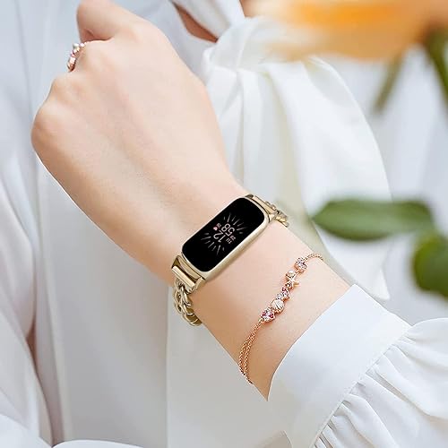Miniatura 6 de Farluya Paquete de 2 correas compatibles con Fitbit Luxe, correa delgada de metal de acero inoxidable, correas ajustables de repuesto para reloj