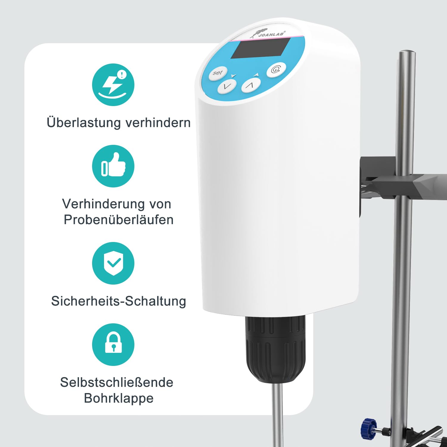 JOANLAB Elektrischer Labor-Overheadrührer Digitaler Mixer mit Edelstahlständer & Rührstab, Drehzahl 100-2000U/min einstellbar, 20L Kapazität, 30000mPas, leistungsstark für hochviskose Flüssigkeiten
