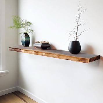 Greenage Live Edge Floating Shelf Acacia Wood 42" x 8" x 1.4" Long Rustic Natural Solid Wood Pieced Wall Shelves for Bathroom Kitchen Living Room Storage Display Bookshelf Art Wall Mount Home Decor