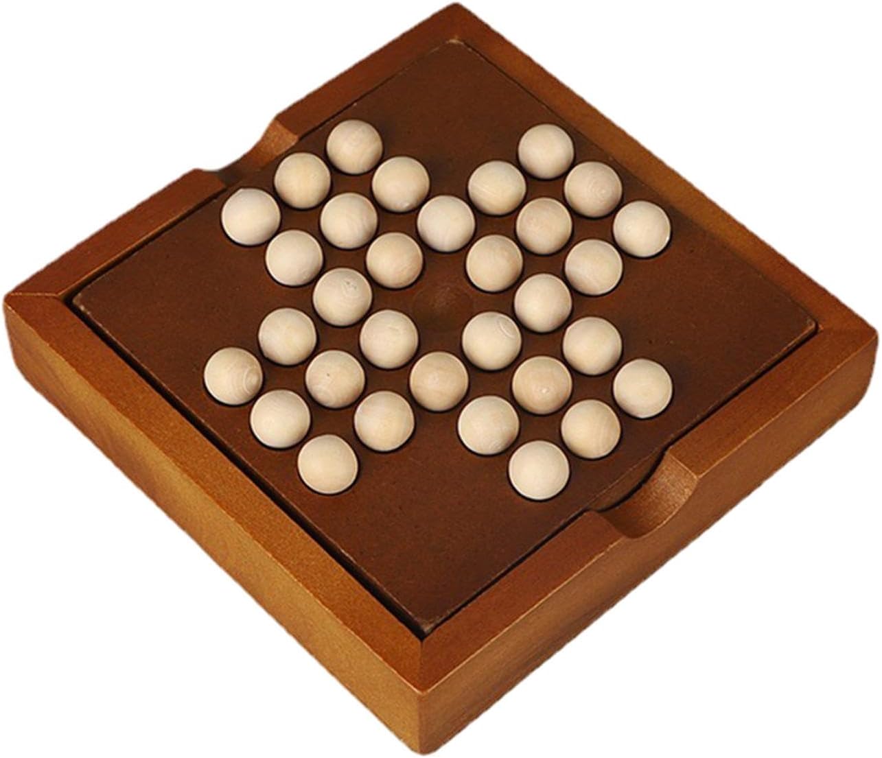 Wooden Solitaire Board Game Strategy Board Game Classical Educational Toys Gift with 33 Wooden Marbles 4.53x4.53x0.98 Inches