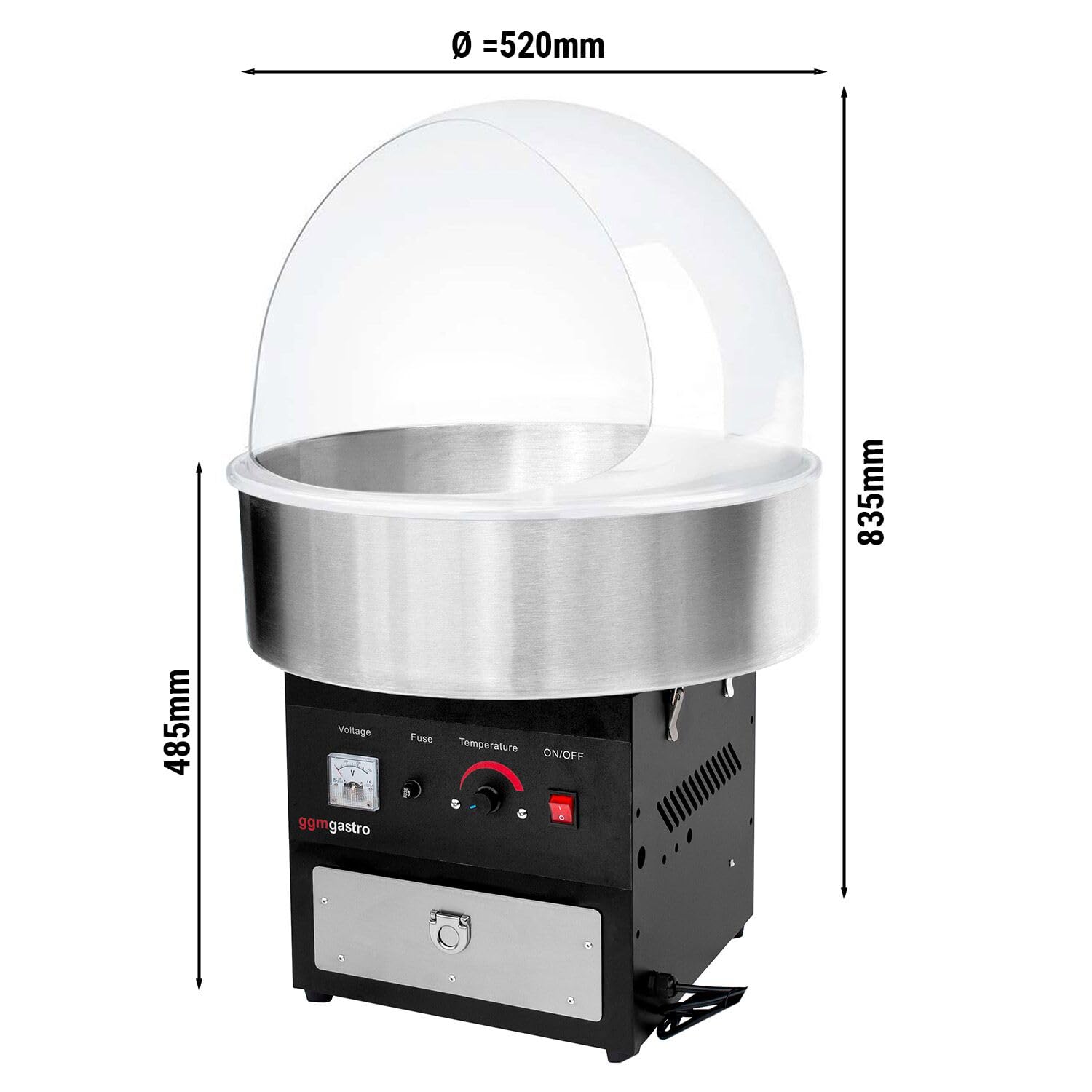 GGM Gastro | ZWJ950S#SPSZWJ | Zuckerwattemaschine - Ø 520mm - 950 Watt - Schwarz - inkl. Hygieneschutz