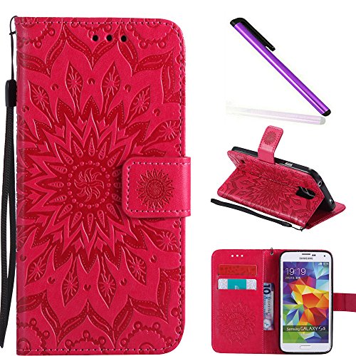 COTDINFOR Samsung Galaxy S5 Coque Lucky Fleurs Fille Femme Élégant Portefeuille de Carte de Crédit Magnétique Flip PU Étui Cuir Protéger Housse pour Samsung Galaxy S5 Sunflower Red KT