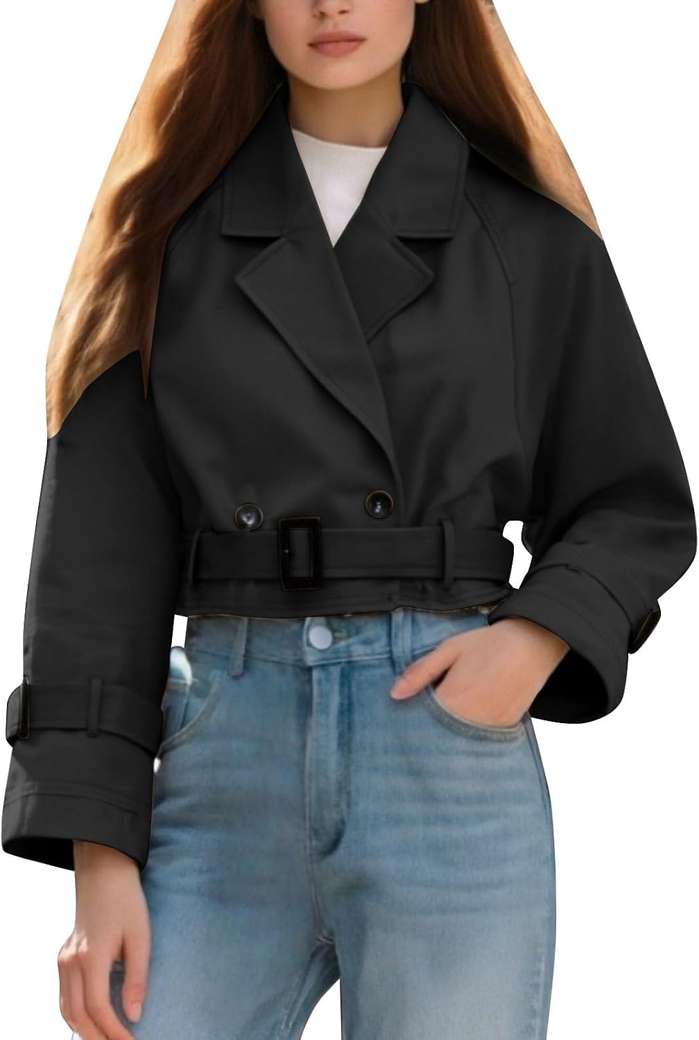 Womens Cropped Bike Jacket Casual Double Breasted Trench Coat with Belt