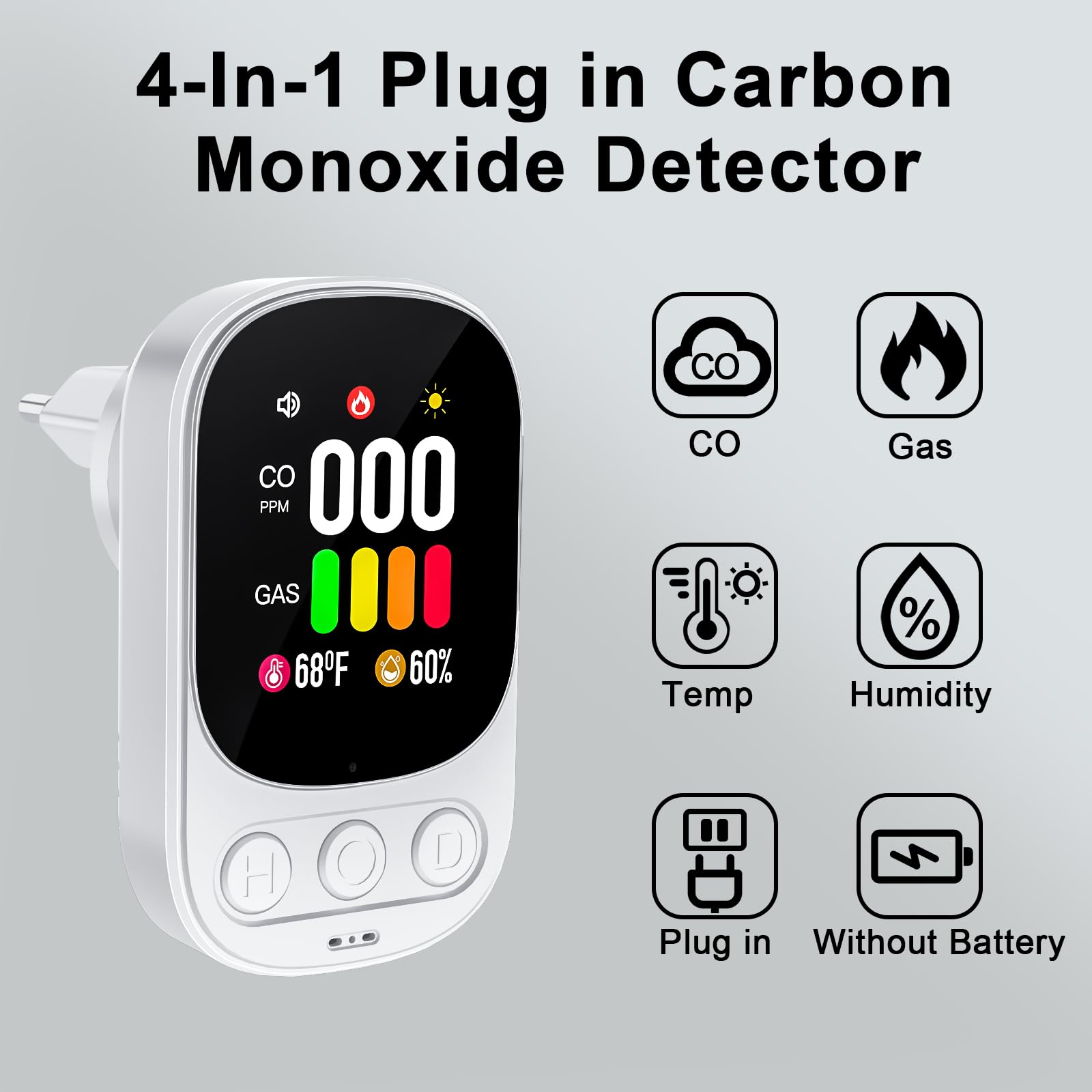 Rilevatore Gas e Monossido di Carbonio 4 in 1 Con Spina per Casa-Rilevatore di Gas per Gas Naturale Lpg Metano Propano Butano Con Sensori Di Temperatura e Umidità-Certificato EN 50291-HD08-G-Bianco