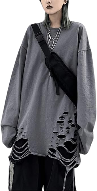 Women Men Y2K Gothic Sweatshirt Tshirt, Hole Grunge Punk Harajuku Aesthetic Alt Emo Loose Tops Streetwear Fall