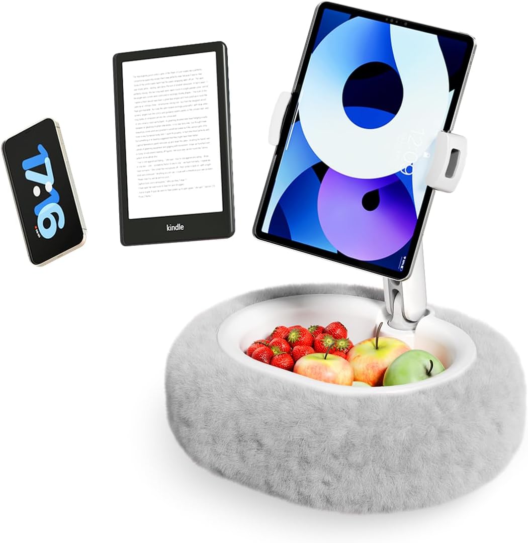 Kindle Pillow Stand – Soft Grey Fuzzy Tablet Holder with Storage Bowl, Hands-Free Lap Stand for Bed, Couch – Compatible with Kindle, iPad, Phones & E-Readers (Gray) Kindle Pillow Stand – Soft Grey Fuzzy Tablet Holder with Storage Bowl, Hands-Free Lap Stand for Bed, Couch – Compatible with Kindle, iPad, Phones & E-Readers (Gray)