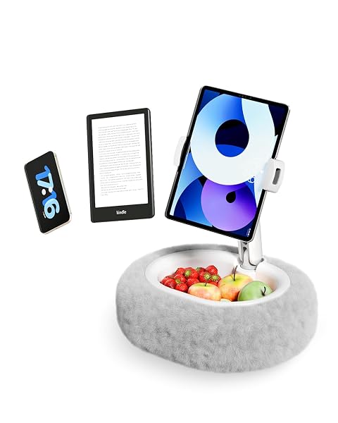 SupeDesk Kindle Pillow Stand Soft Grey Fuzzy Tablet Holder with Storage Bowl Hands-Free Lap Stand for Bed Couch