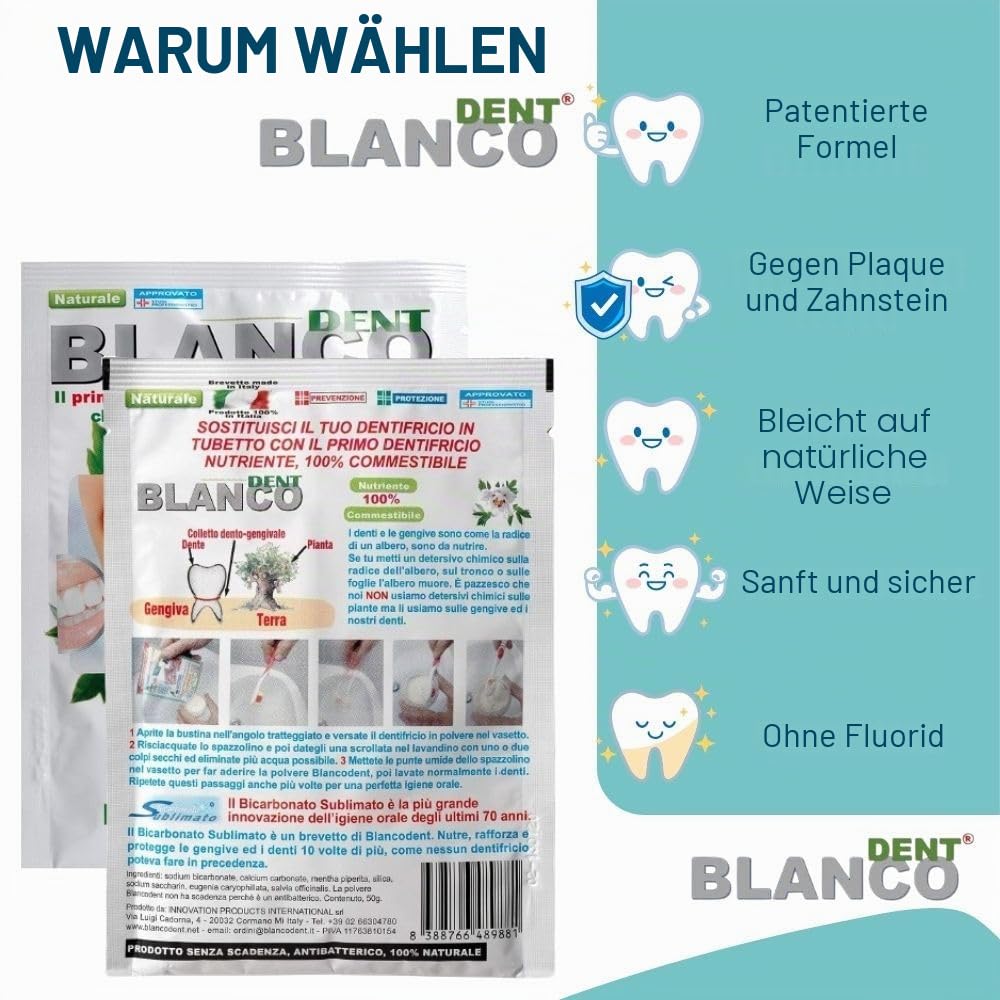 Blancodent Fluorfreie Zahnpasta aus Pulver und natürlichem Mundwasser, professionelle und alkalinisierende Zahnpasta für weiße Zähne und gesundes Zahnfleisch, 6 Beutel