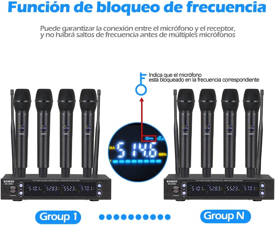 BOMGE Wireless Microphone System 4-Channel, UHF Cordless Dynamic Four Mics Set,Auto Connect, All Metal Design,for Home Karaoke, Meeting, Party, Church, DJ, Wedding, Home KTV Set, 260ft