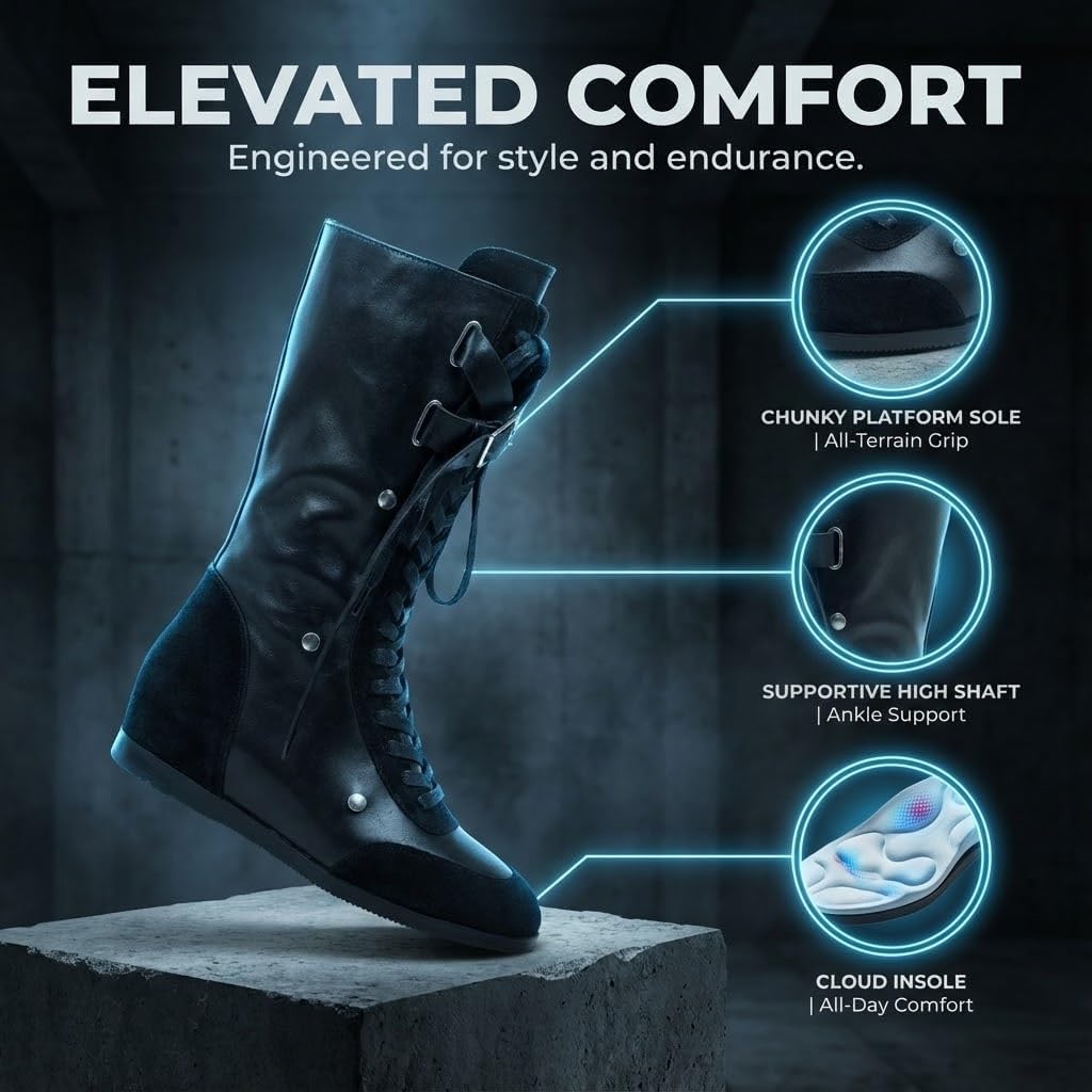 Women's Mid-Calf Two Tone Riding Boots Wedge Heel Round Toe, Genuine Leather Side Zipper Tall Boots with Buckle, Faux Fur Lined Boots US Size