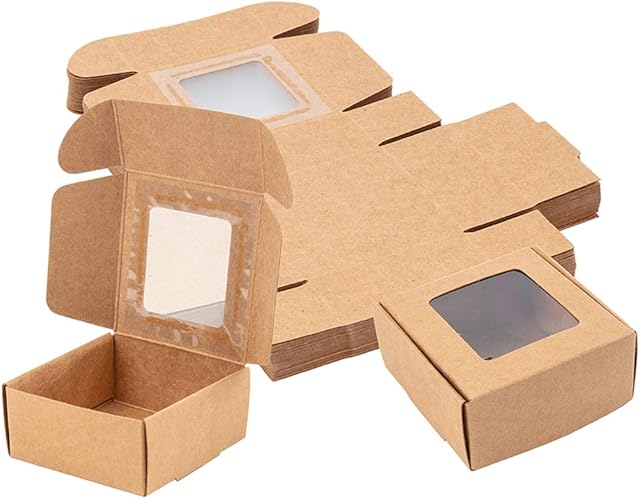 BENECREAT 30 Pack Kraft Paper Boxes with Clear Window 6.5x6.5x3cm BurlyWood Gift Packaging Boxes for Bakery Cookies Cake Candy Wedding Party Favors
