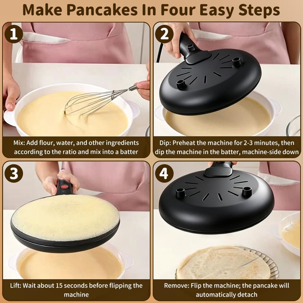Handheld Electric Crepe Maker Machine, 8" Portable Nonstick Crepe Pan with Batter Bowl & Mixer, Nonstick dipping plate with on/off switch, Quick Heat-Up & Even Heating, Easy to Clean, for Home
