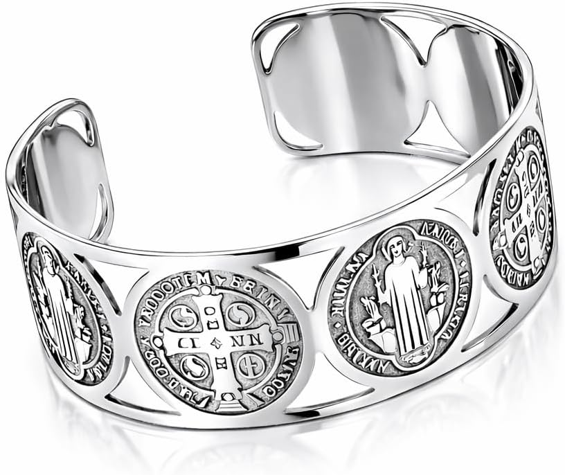 My Daily Styles Stainless Steel Cross St. Benedict Religious Christian Open End Cuff Bangle