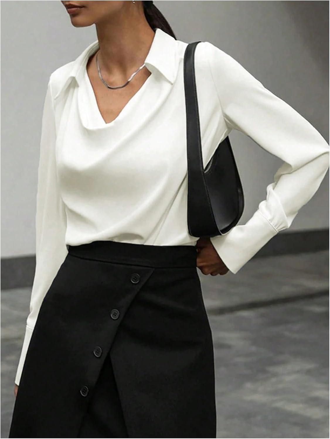 SHENHE Women's Cowl Neck Shirts Slim Fit Casual Outfits Long Sleeve Pullout Blouse White Medium - Image 3