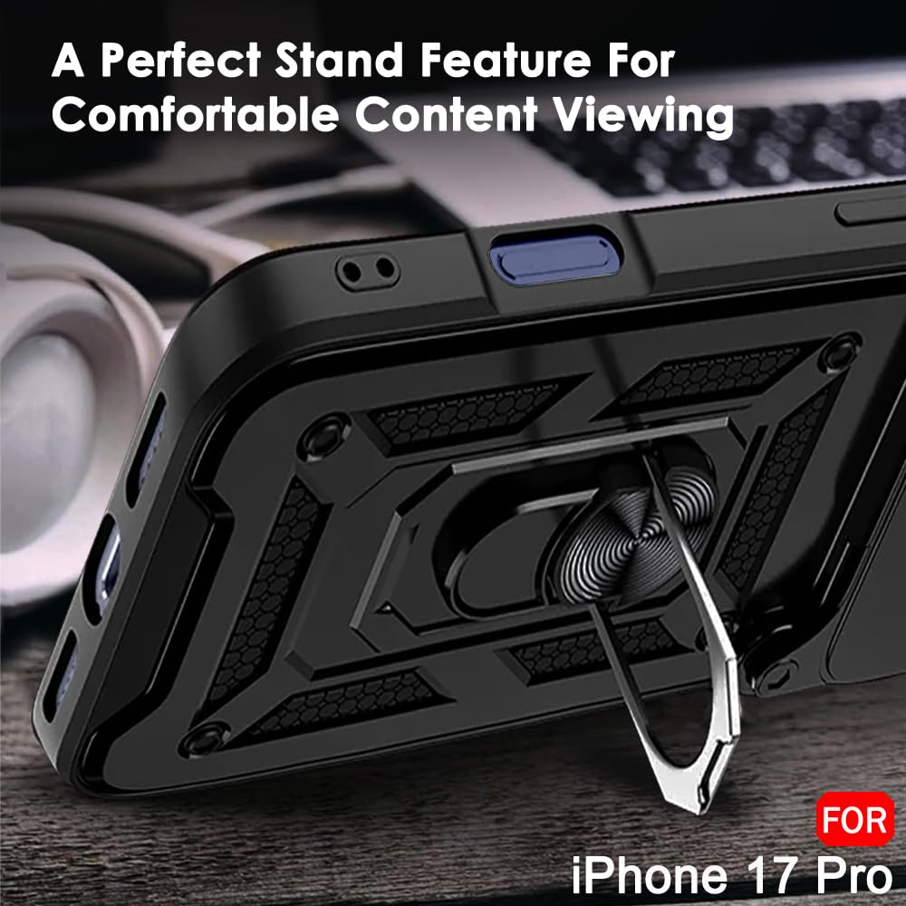 TheGiftKart Tough Armor Bumper Back Cover Case for iPhone 17 Pro | Rotating Camera Cover, Kickstand & Ring Holder | 360 Degree Protection Back Cover Case for iPhone 17 Pro (PC & TPU, Black) — Amazon image 5