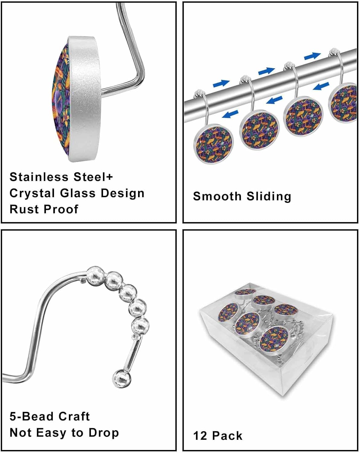 Shower Curtain Hooks 12 Pcs, Mushroom Plants Green Leaves Purple Flowers Stainless Steel Rust Proof Rolling Shower Curtain Rings, Decorative Shower Curtain Hooks Hangers for Bathroom