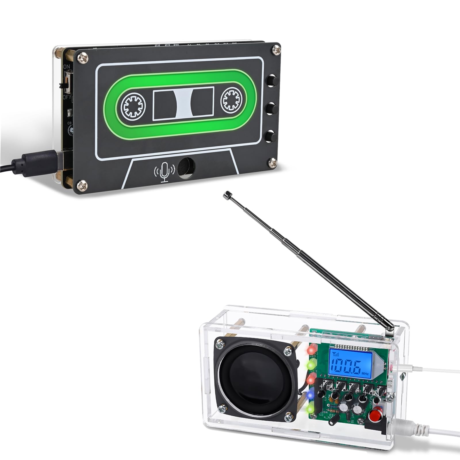 ICSTATION FM Radio Soldering Kit, 10 Minutes Sound Recorder Soldering Practice Kit with LED Flashing Lights FM 76-108MHz LCD Display Audio Voice Recorder Soldering Kit