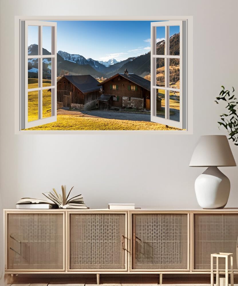 JZZA10974 Switzerland Mountains Houses Chateau D 'oex Alps| Self-Adhesive Open Window Wall Sticker