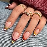 Striped Press on Nails Medium Almond Fake Nails French Tip Nails Press ons with Design,Full Cover Stick on Nails for Women Manicure,Reusable | Artificial | Easy Apply | 24Pcs