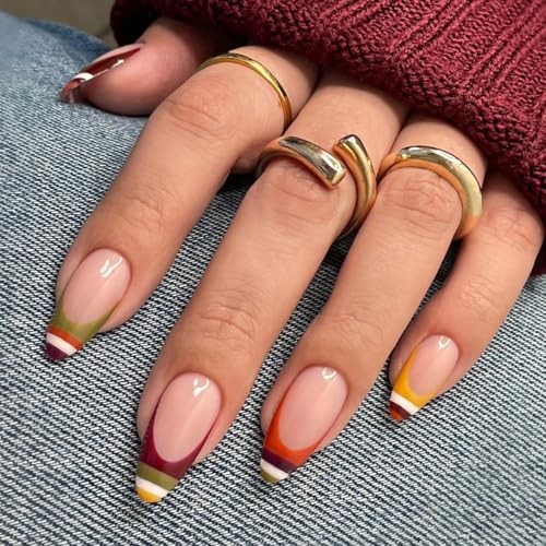 Striped Press on Nails Medium Almond Fake Nails French Tip Nails ...