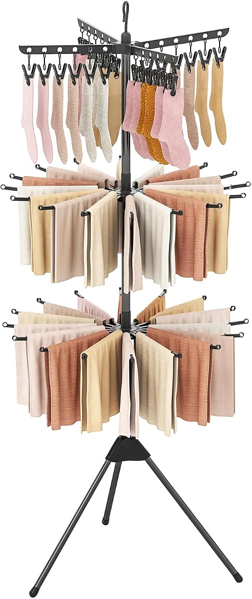 GIANTEX 70" Tripod Clothes Drying Rack w/24 Clips & 32 Rods, 360° Rotatable | 3-Tier Freestanding Folding Laundry Drying Rack, Space Saving Towel Drying Stand w/ Arms for Laundry Room, Balcony, Black