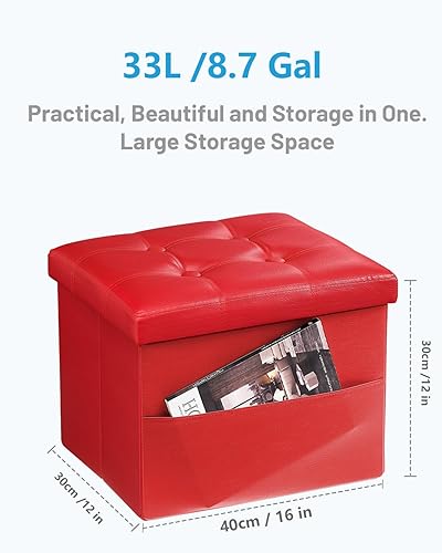 Miniatura 3 de AmasSmile Red Storage - Taburete plegable otomano con bolsillo lateral, reposapiés de cuero de 16 pulgadas, banco otomano corto, almacenamiento de