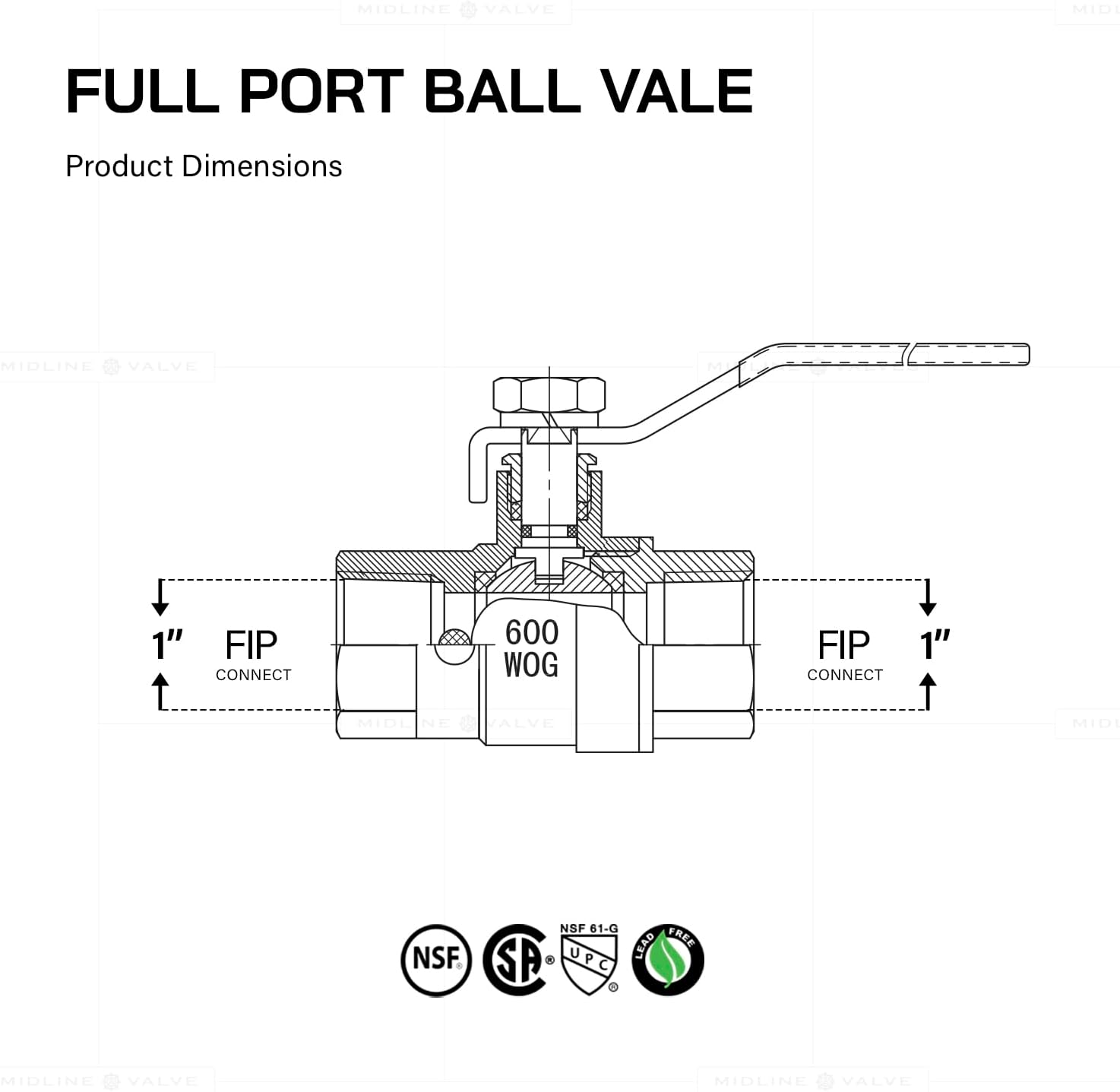 Midline Valve 627T223-NL Premium Full Port Ball Valve with Drain Brass, x 1 in. FIP, 1 in. FIP x 1 in. FIP