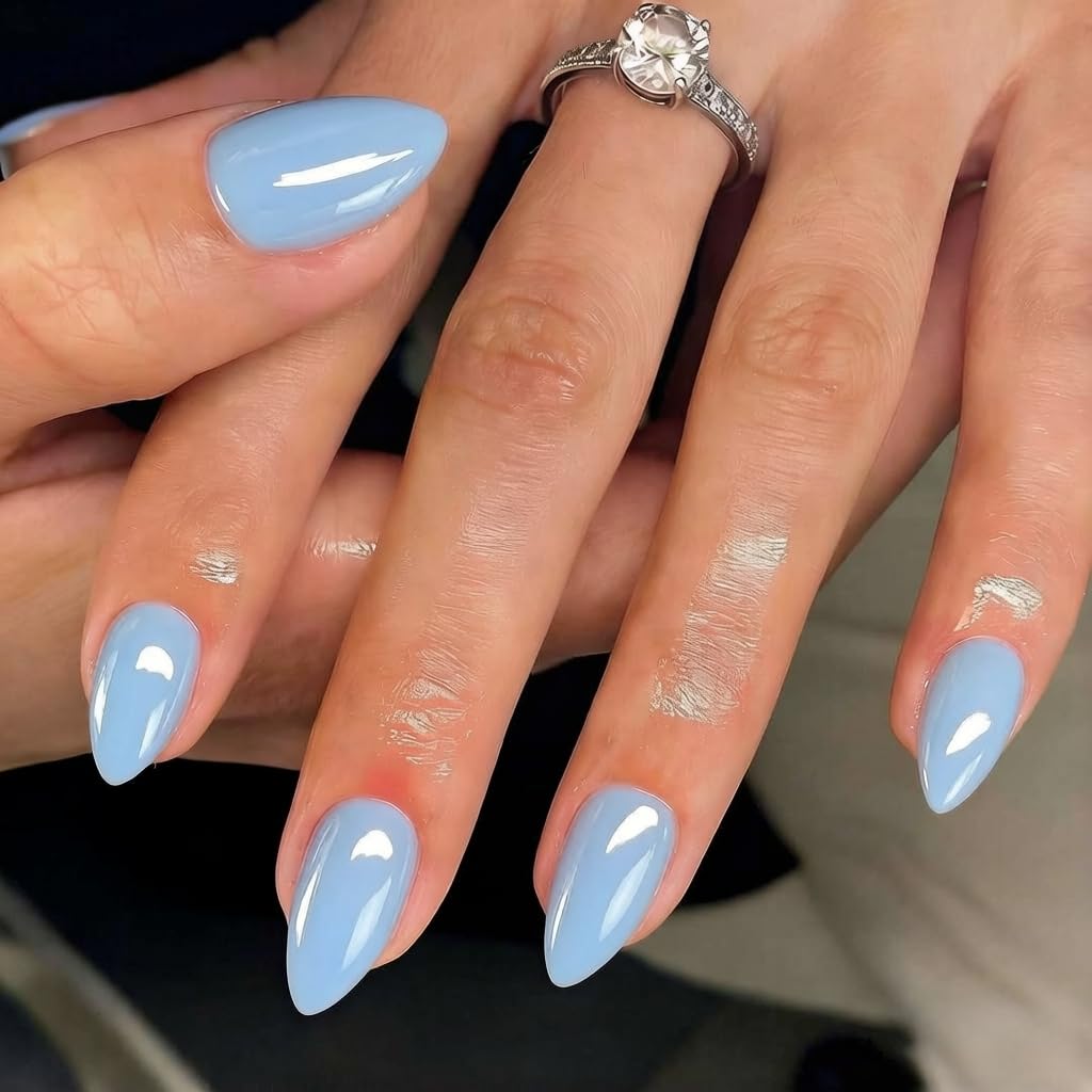 SXVME Chrome Light Blue Press on Nails Short Almond Nails Glue on, Glazed Sparkle Short Fake Nails Press ons, Thick Acrylic False Nails Handmade of Gel for Women Wedding, 30 Pcs 15 Sizes