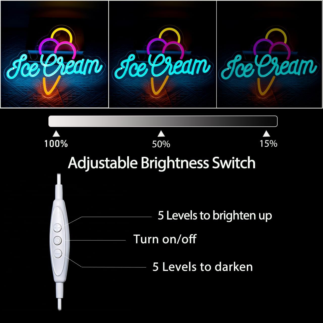 Ice Cream Neon Sign for Wall Decor, Dimmable LED Dessert Neon Light for Drink Shop Bar Business Decor, USB Power Wall Art Sign for Home Kids Room Party Store