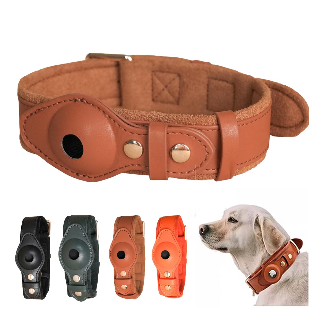 Leather AirTag Pet Collar, Built-in Protective Holder, Adjustable 24-60 cm, for Medium to Large Dogs and Cats, Brown (Dark green, M)