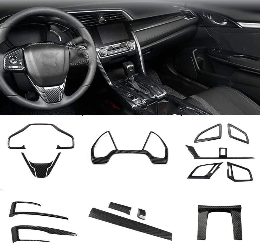 for Honda 10th Civic 2016~2020 2021 Full Set of Car Interiors Instrument Panel Decorative Center Console Moulding Trim Air Outlet Automotive Steering Wheel Cover Accessories 16Pcs-Black