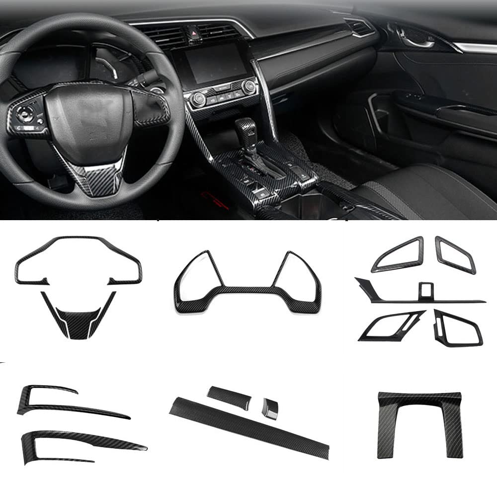 Boltry for Honda 10th Civic 2016~2020 Full Set of Car Interiors Instrument Panel Decorative Center Console Moulding Trim Air Outlet Automotive Steering Wheel Cover Accessories 16Pcs-Black