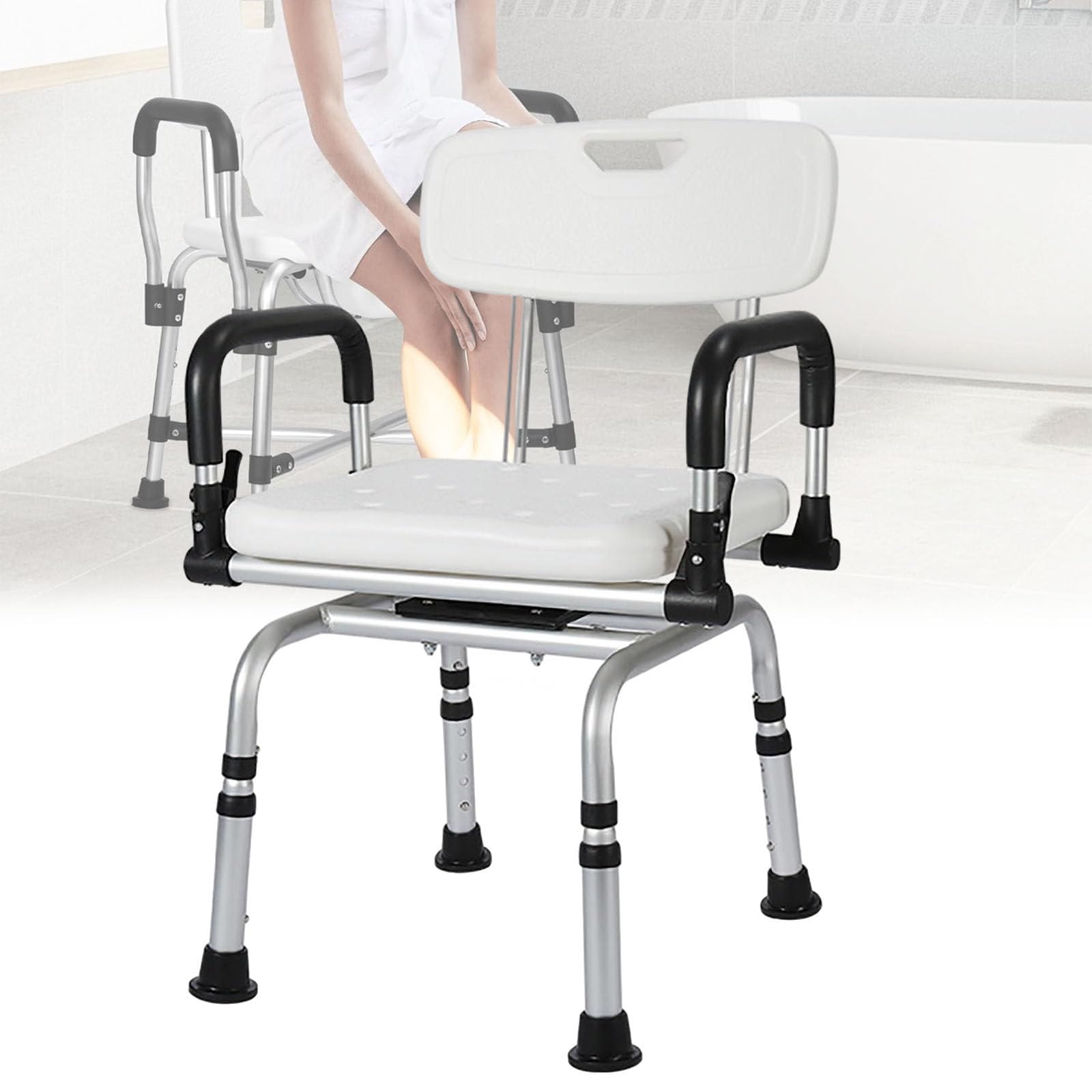 Silla de Ducha giratoria Asiento de bañera Giratorio de 360 ​​° con Brazos y Respaldo Banco de baño Estrecho para Personas Mayores