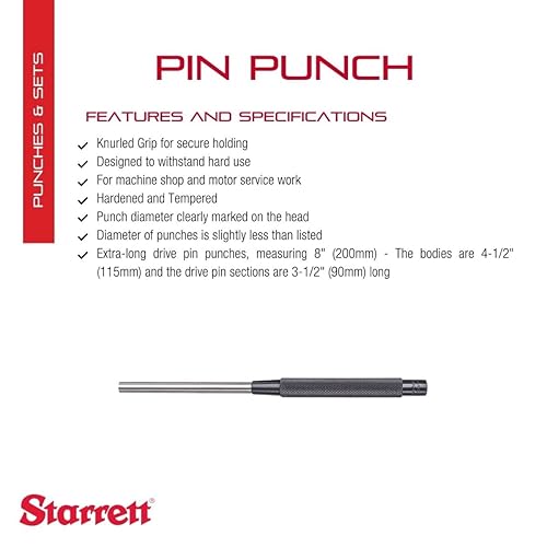 Miniatura 16 de Starrett Perforadora extralarga con agarre moleteado para introducir pasadores dentro o fuera de una pieza de trabajo, acero endurecido y templado