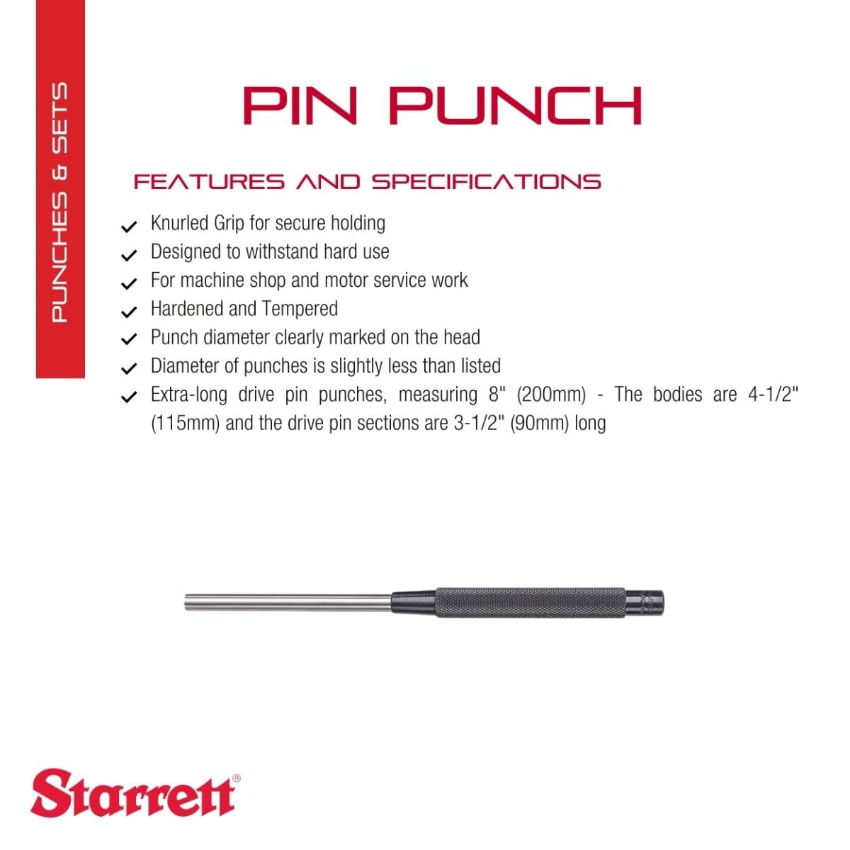 Starrett Drive Pin Punch - 8" Long, Durable -2