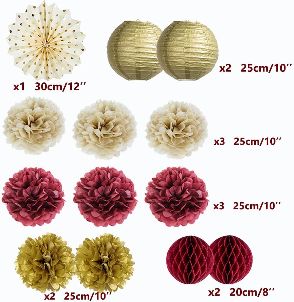 Maroon and Gold Graduation Decorations 2026 Burgundy Party Decorations Paper Pom Poms Lanterns Rose Gold Glitter Dots Hanging Party Garland for Burgundy Birthday Bridal Shower Bachelorette Party Decor