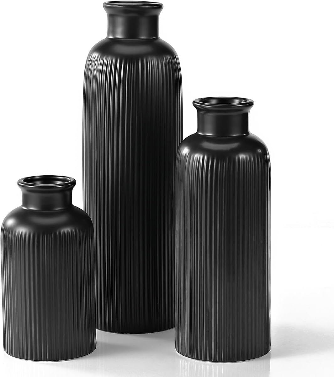 Juego de 3 jarrones pequeños de cerámica negra, decoración moderna de florero negro boho, decoración de casa de campo, jarrones para su cocina, baño, dormitorio, sala de estar, decoración de mesa de oficina y estante