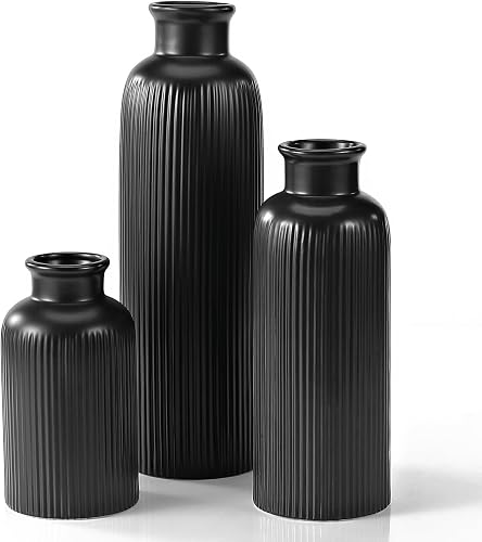 Small Black Ceramic Vase Set of 3, Boho Modern Black Flower Vase Room Decor, Farmhouse Decor, Vases for Your Kitchen, Bathroom, Bedroom, Living Room, Office&Shelf Centerpiece Table Decorations