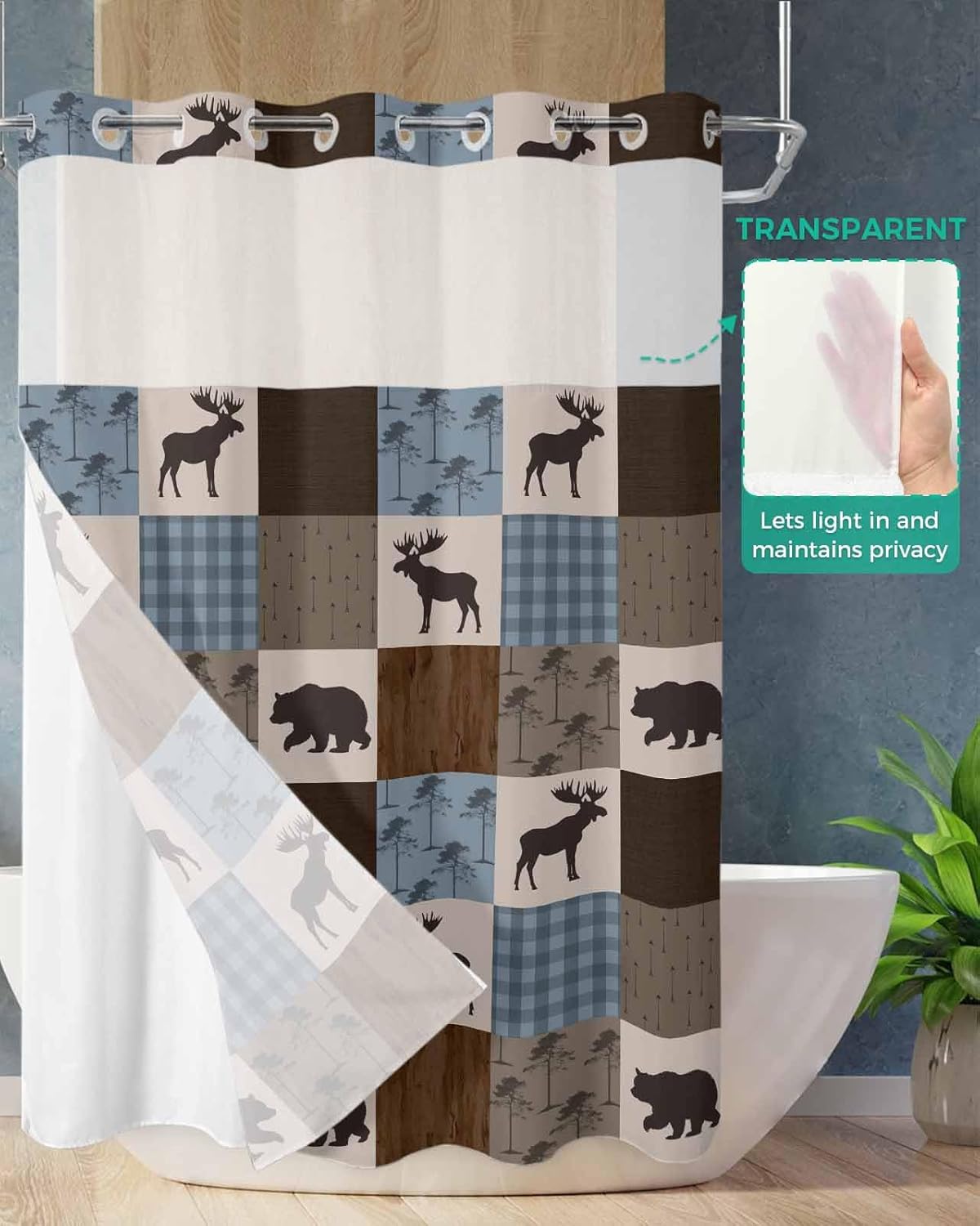 No Hook Shower Curtain and Snap in Liner Set, Blue Checkered Cabin Fabric Bathroom Stall Shower Curtains 48x72 Inch, See Through Mesh Top Window, Farmhouse Forest Brown Buffalo Plaid Hotel Style