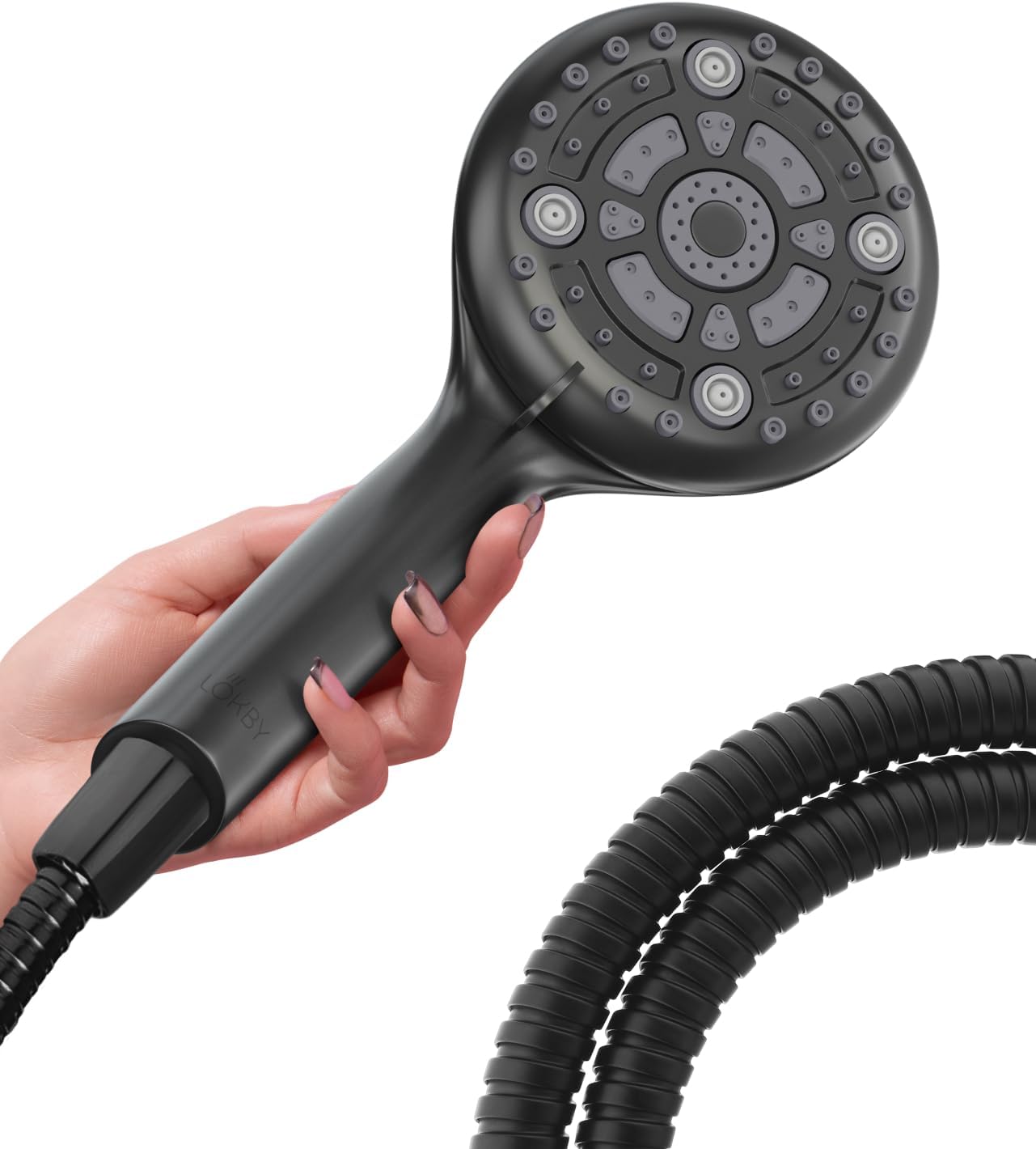 LOKBY High Pressure 6-Settings Shower Head with Handheld - 5'' Powerful Detachable Shower Head Set for low water pressure - 59'' Stainless Steel Hose - Tool-less 1-Min Installation - Black