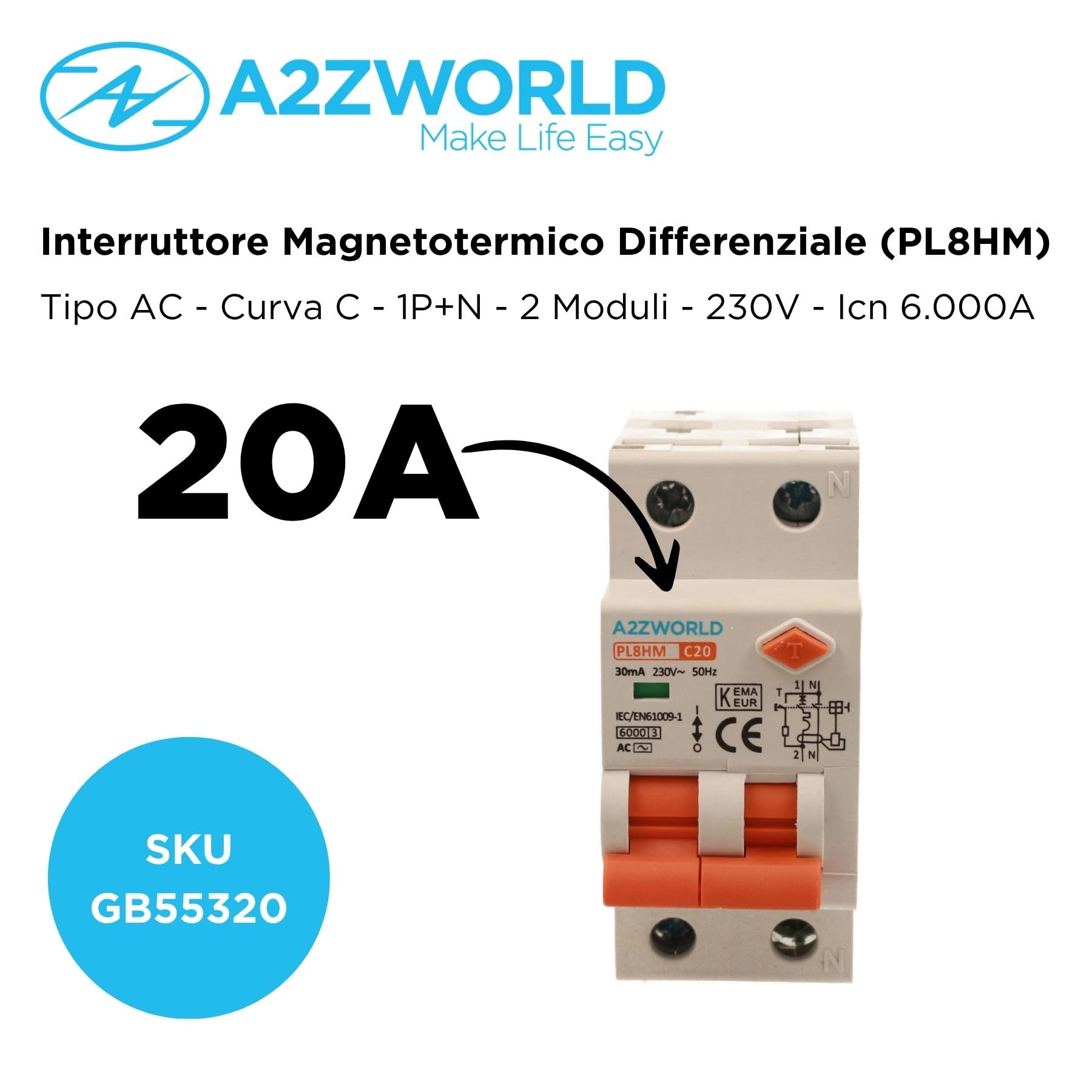 Interrupteur magnétothermique différentiel double levier 30 mA 20 A C20 230 V, RCBO Type AC Courbe C, 1P+N 6 kA 30 mA, 2 modules DIN