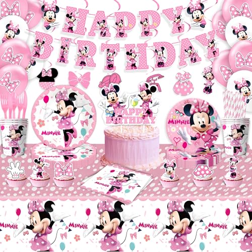 Cartoon Party Supplies Cute Mouse Birthday Party Decorations Include Happy Birthday Banner Balloons Cake Toppers cupcake decorations Tablecloth Hanging Swirls Plates and Napkins