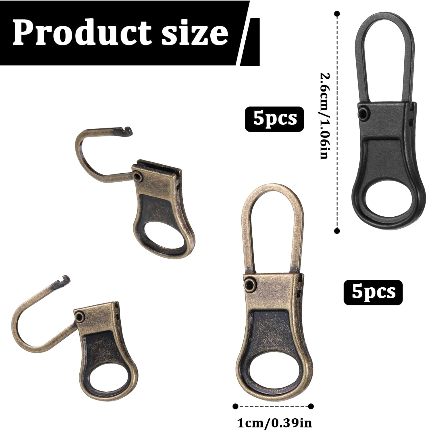10 Pcs Zipper Pull Replacement Handle Small Zippers Detachable Clothing Zipper Hole Head Handle Fixer Tab Repair for Jacket Pants Coat Shoes Suitcase (2 Color)