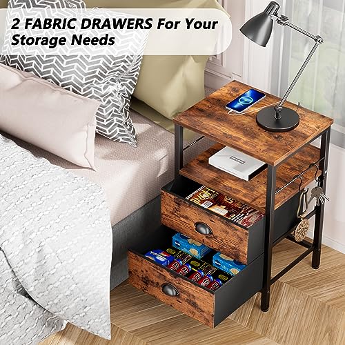 image for Furologee End Table with Charging Station, Nightstand with Fabric Draw
