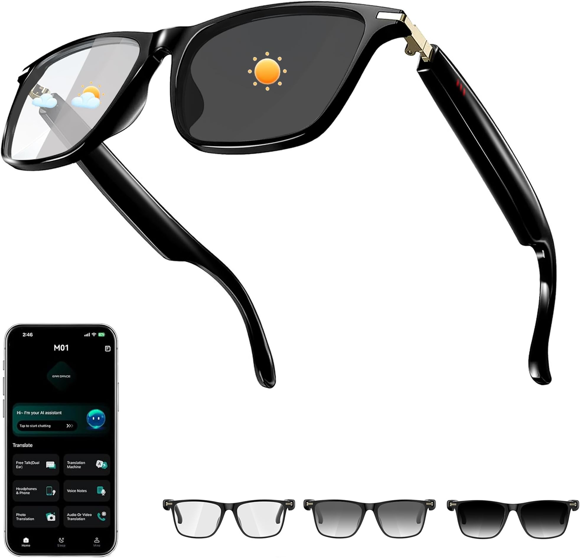AI Smart Glasses with ChatGPT, Bluetooth Glasses with 164+ Language & Accents, Photochromic Lens, Open-Ear Audio, Music & Hands-Free Calls, Voice Control, UV & Blue Light Protection, for Men & Women