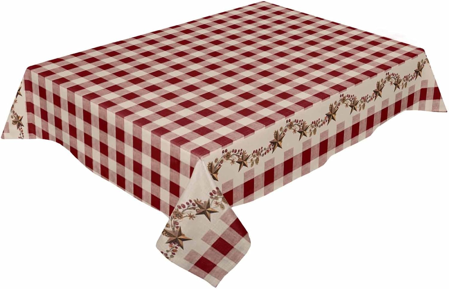 Rectangle Table Cloth Linen Farmhouse Tablecloth Waterproof Soft Non-Wrinkle Fabric Table Cover for Kitchen - 52"x70" Vintage Western Texas Star Primitive Berries Red Checkered Plaid Tablecloth