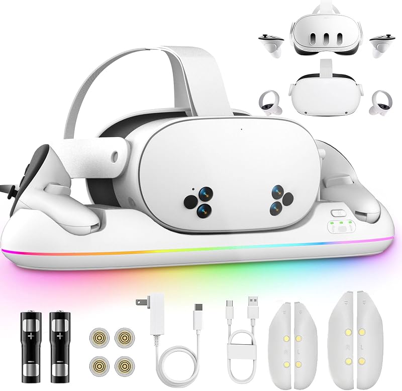 SPEEDY BEE Töltőállomás Meta Quest 3/3S/2 Headsethez - Mágneses VR Állvány RGB Világítással, 2 Újratölthető 2100mAh Akkumulátorral és USB Ki
